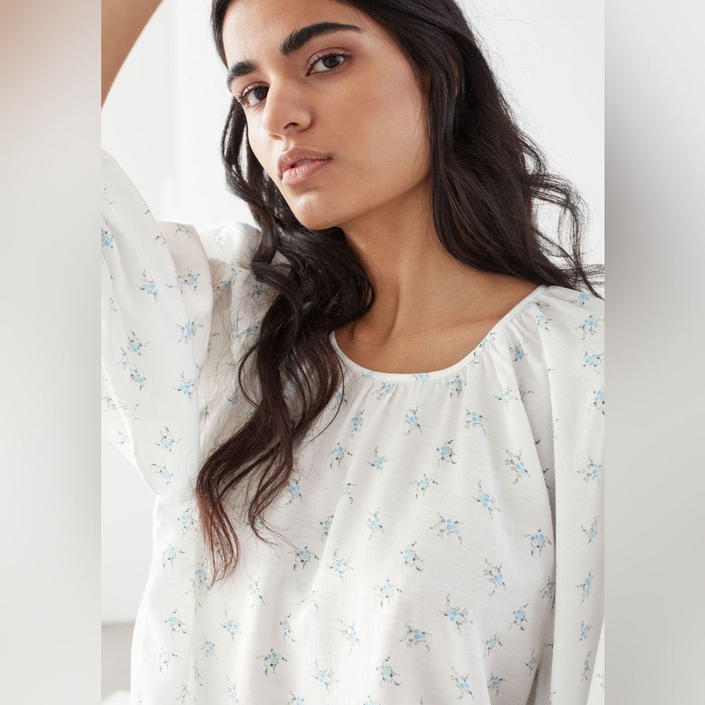 & Other Stories Voluminous Puff Sleeve Crepe White Floral Peasant Blouse